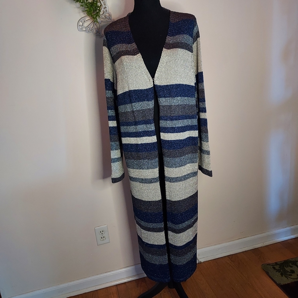 Women's Jessica London Striped Metallic, Knit Waterfall Cardigan